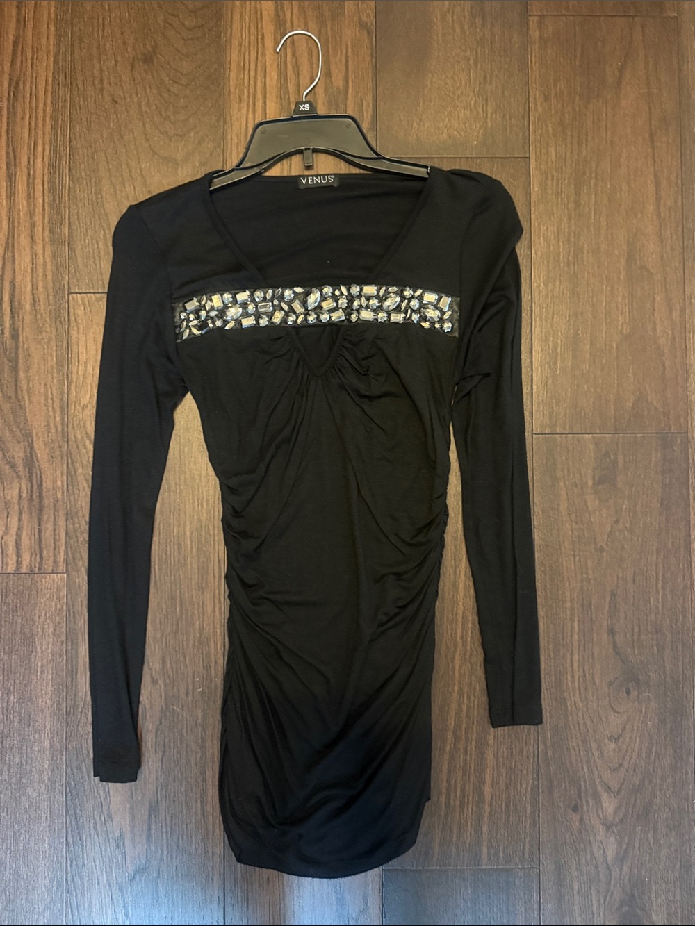 VENUS Black Long-Sleeve Ruched Dress with Gem Embellished Band